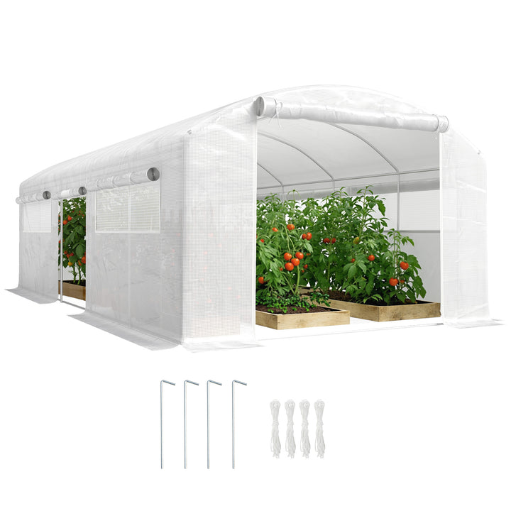 Estufa de Exterior 6x3x2 m Estufa Túnel com 3 Portas Enroláveis Janelas com Rede Cobertura PE 140g/m² Anti-UV e Estrutura de Aço Galvanizado para Cultivo de Plantas Branco