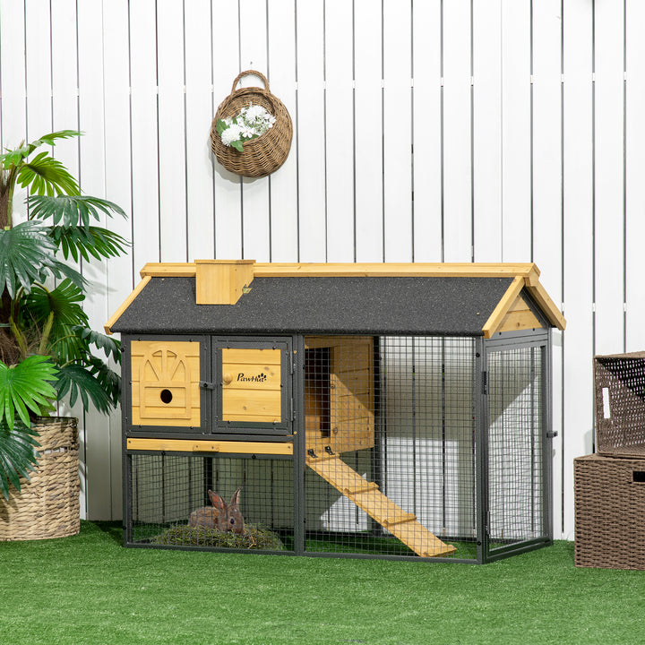 Gaiola para Coelhos de Madeira de 2 Níveis com Zona Aberta Teto Asfáltico Bandeja Removível Portas e Rampa para Exterior 120x55,5x80 cm Madeira e Preto