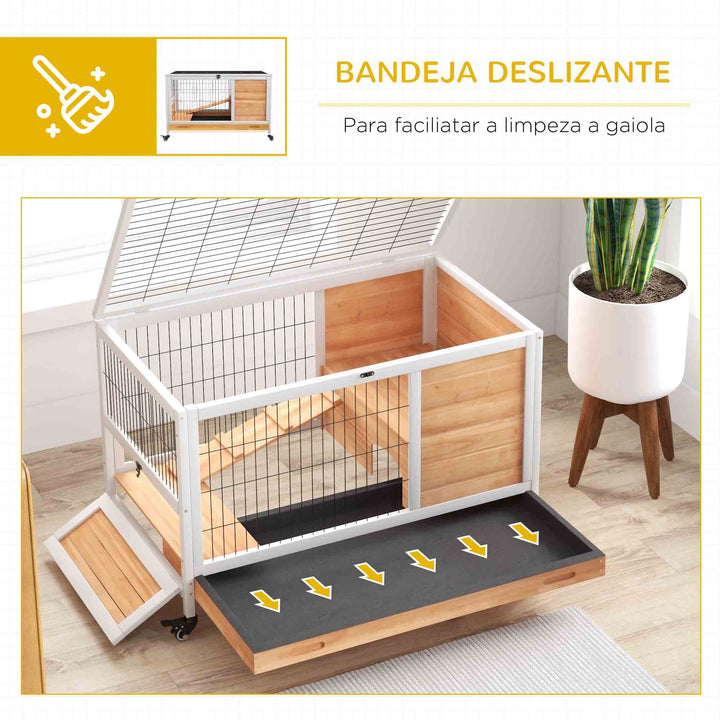 Coelheira de Madeira Gaiola de para Pequenos Animais Portátil com Teto Abatível Rampa Bandeja Removível para Coelhos da Índia 90x53x59 cm Madeira