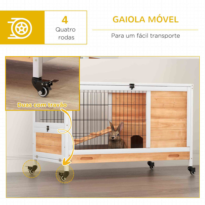 Coelheira de Madeira Gaiola de para Pequenos Animais Portátil com Teto Abatível Rampa Bandeja Removível para Coelhos da Índia 90x53x59 cm Madeira