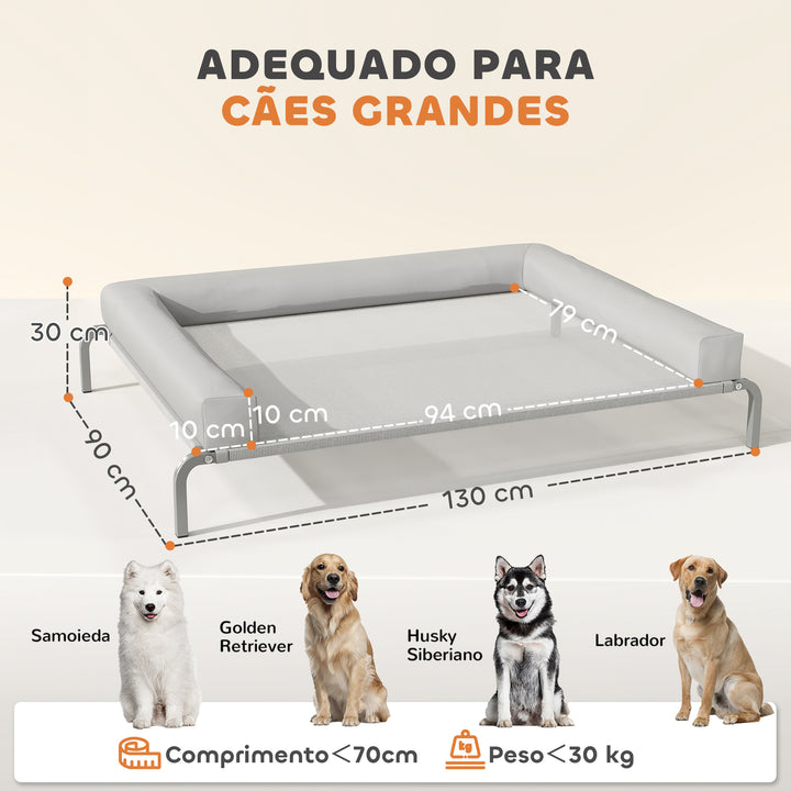 Cama Elevada para Cães com Latertais Amovíveis Cama Elevada para Cães Grandes Portátil com Malha Respirável Estrutura de Aço para Interior e Exterior 130x90x30 cm Cinza Claro