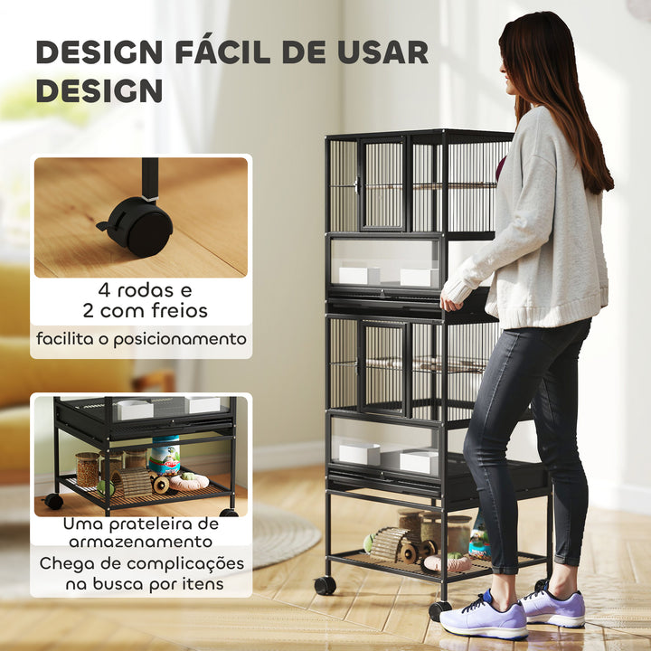 Gaiola para Pássaros Gaiola Grande de 2 Níveis com Rodas Painéis Acrílicos Comedouros Poleiros Prateleira Bandejas Amovíveis Gaiola para Papagaios Canários 48x46x134,5 cm Preto
