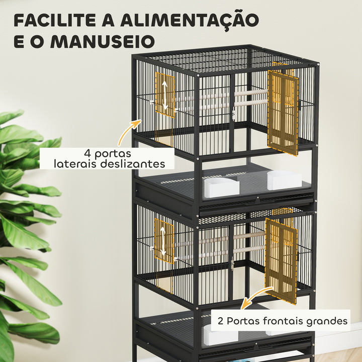 Gaiola para Pássaros Gaiola Grande de 2 Níveis com Rodas Painéis Acrílicos Comedouros Poleiros Prateleira Bandejas Amovíveis Gaiola para Papagaios Canários 48x46x134,5 cm Preto