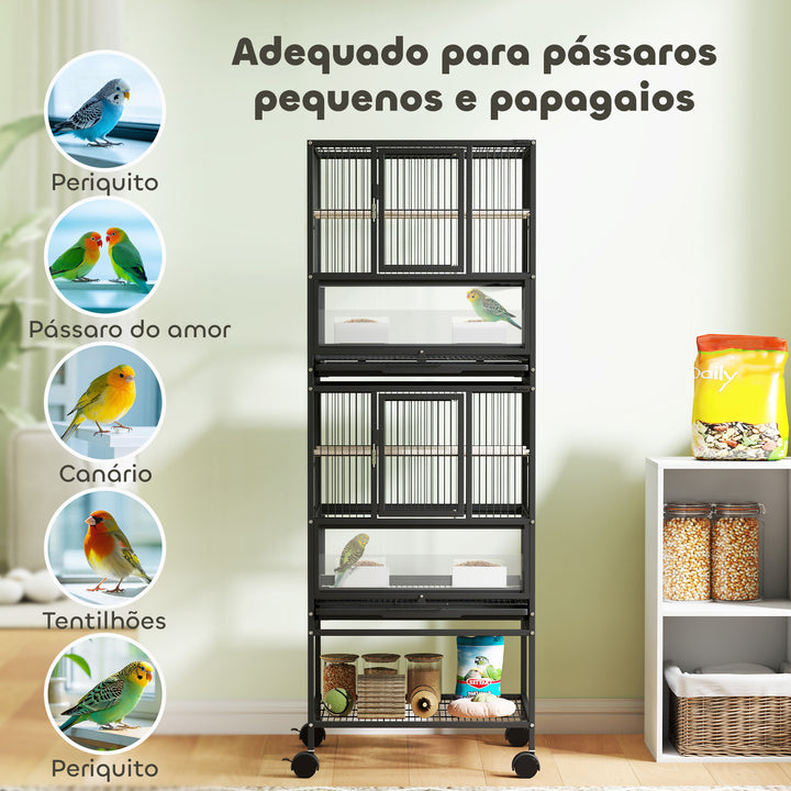 Gaiola para Pássaros Gaiola Grande de 2 Níveis com Rodas Painéis Acrílicos Comedouros Poleiros Prateleira Bandejas Amovíveis Gaiola para Papagaios Canários 48x46x134,5 cm Preto