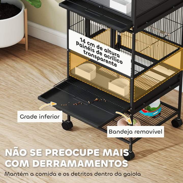 Gaiola para Pássaros Gaiola Grande de 2 Níveis com Rodas Painéis Acrílicos Comedouros Poleiros Prateleira Bandejas Amovíveis Gaiola para Papagaios Canários 48x46x134,5 cm Preto