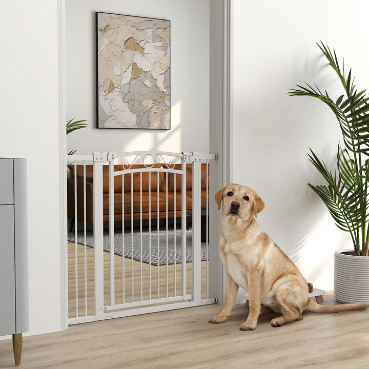 Barreira de Segurança para Cães Extensível 76-102 cm Barreira para Animais de Estimação Barreira para Cães com 2 Extensões Duplo Bloqueio para Escada Branco