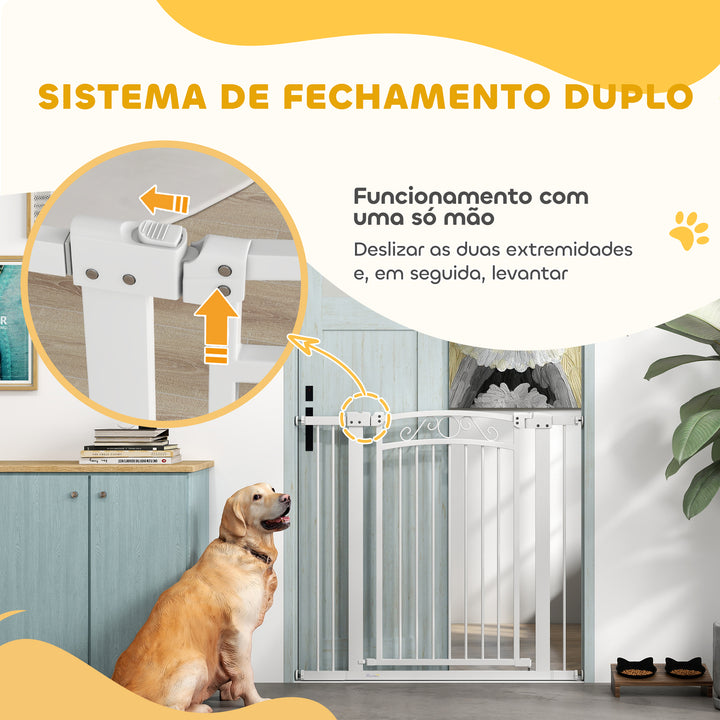 Barreira de Segurança para Cães Extensível 76-102 cm Barreira para Animais de Estimação Barreira para Cães com 2 Extensões Duplo Bloqueio para Escada Branco