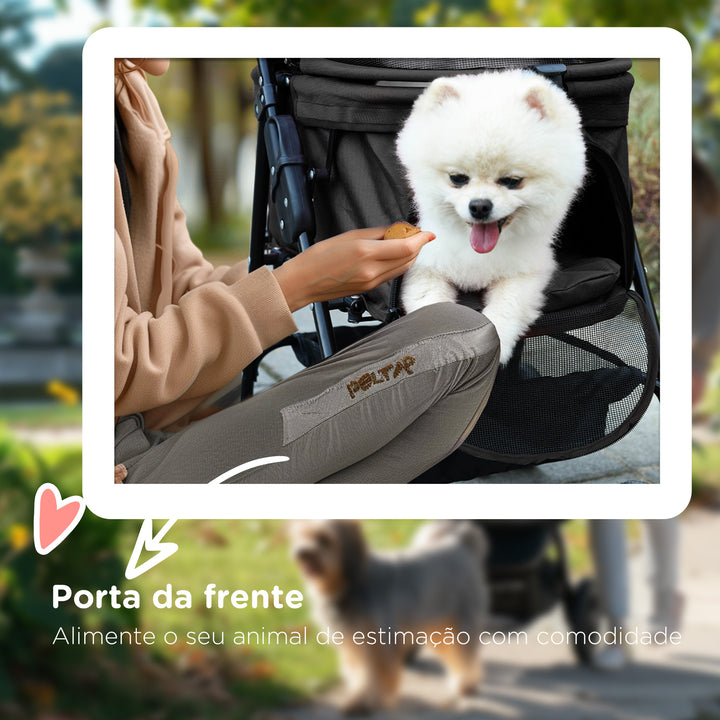 Carrinho para Cães Dobrável Carrinho para Cães Pequenos com Rodas Universáis Cesta de Armazenamento Correias de Segurança e Janelas 67x45x96 cm Preto