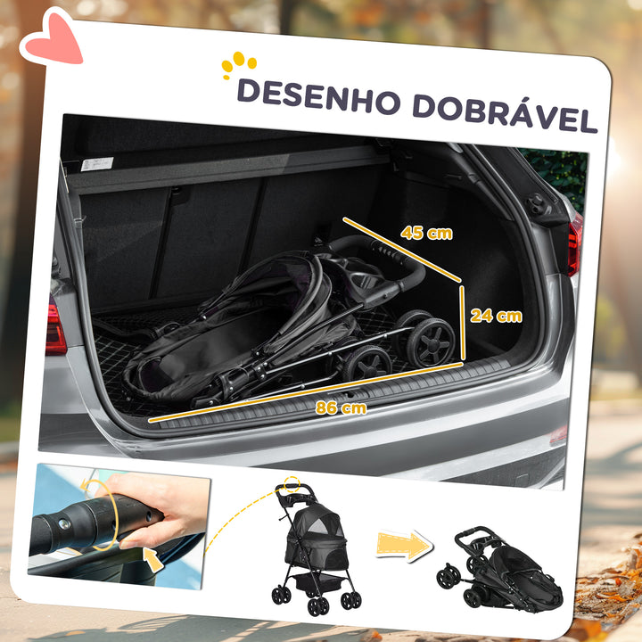 Carrinho para Cães Dobrável Carrinho para Cães Pequenos com Rodas Universáis Cesta de Armazenamento Correias de Segurança e Janelas 67x45x96 cm Preto