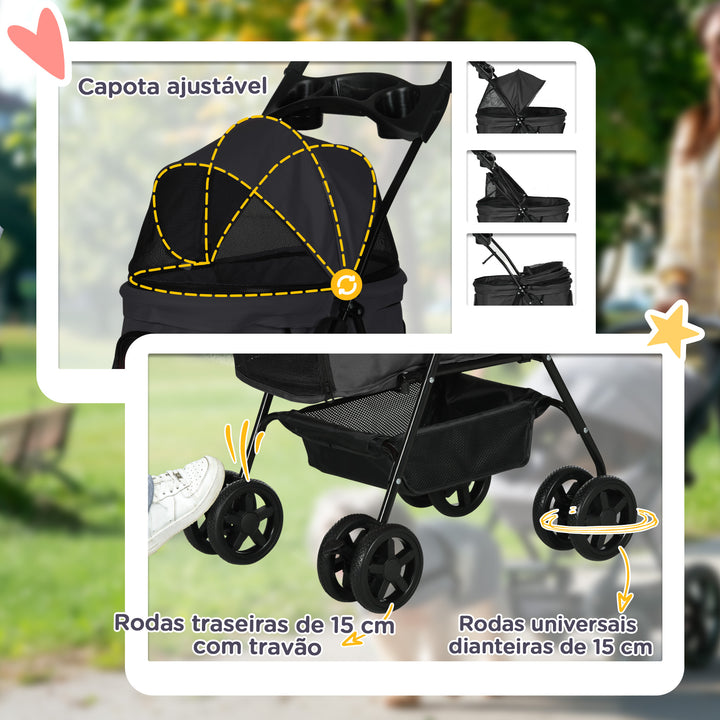 Carrinho para Cães Dobrável Carrinho para Cães Pequenos com Rodas Universáis Cesta de Armazenamento Correias de Segurança e Janelas 67x45x96 cm Preto