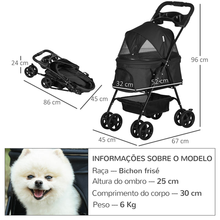 Carrinho para Cães Dobrável Carrinho para Cães Pequenos com Rodas Universáis Cesta de Armazenamento Correias de Segurança e Janelas 67x45x96 cm Preto