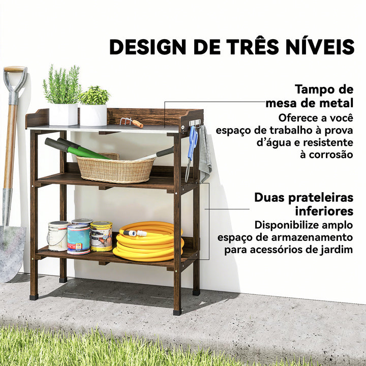 Mesa de Plantação de Madeira de 3 Níveis Mesa de Jardinagem com Superfície Metálica 2 Prateleiras e Ganchos Resistente às Intempéries para Jardim Terraço Varanda, 76x37x89 cm Carbonizado