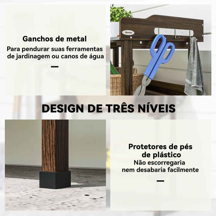 Mesa de Plantação de Madeira de 3 Níveis Mesa de Jardinagem com Superfície Metálica 2 Prateleiras e Ganchos Resistente às Intempéries para Jardim Terraço Varanda, 76x37x89 cm Carbonizado