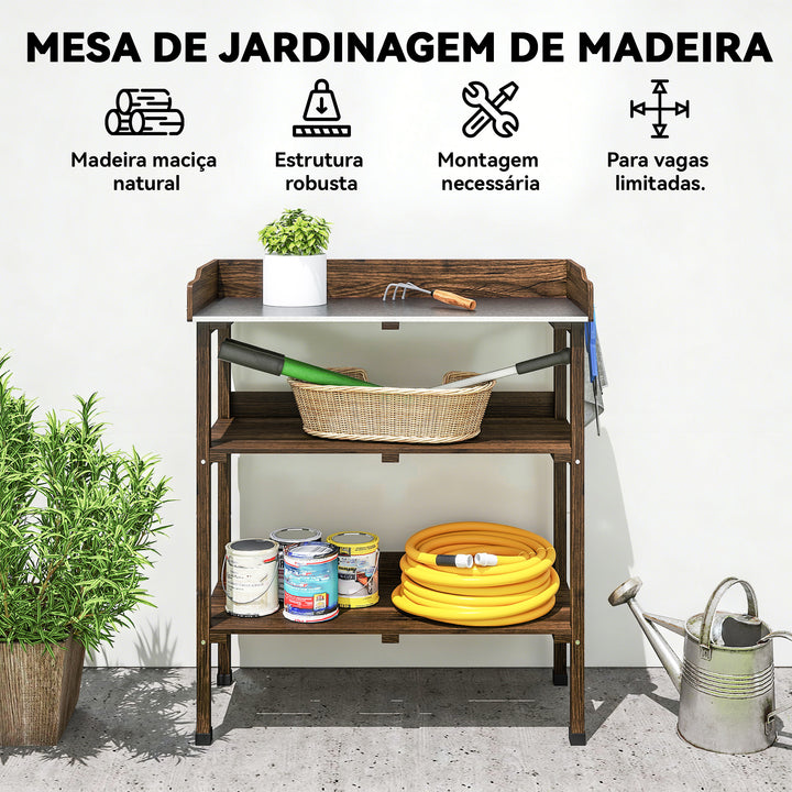 Mesa de Plantação de Madeira de 3 Níveis Mesa de Jardinagem com Superfície Metálica 2 Prateleiras e Ganchos Resistente às Intempéries para Jardim Terraço Varanda, 76x37x89 cm Carbonizado
