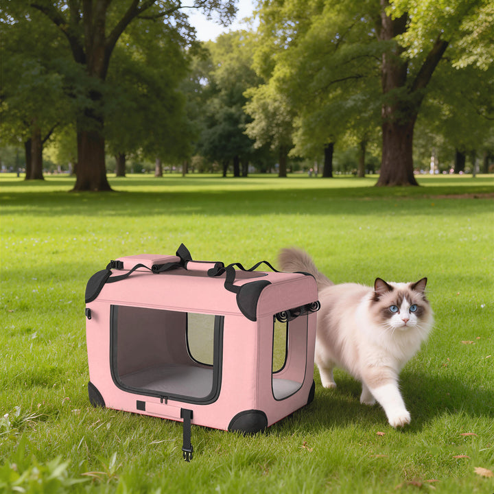 Transportadora Dobrável para Cães 60x41,5x41 cm com Janelas de Rede Almofada Macia e 2 Alças Bolsa para Mini Cães e Gatos Rosa
