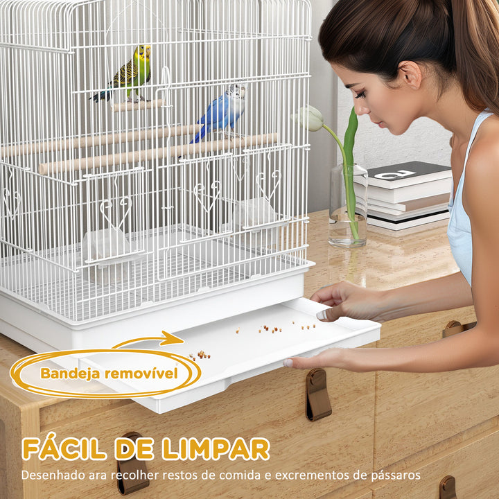 Gaiola para Pássaros Gaiola de Aço com Portas 2 Comedouros 2 Poleiros Baloiço Bandeja Removível e Pega de Transporte para Loro Canário Periquito 46,5x36x59 cm Branco