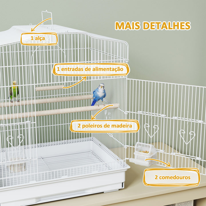 Gaiola para Pássaros Gaiola de Aço com Portas 2 Comedouros 2 Poleiros Baloiço Bandeja Removível e Pega de Transporte para Loro Canário Periquito 46,5x36x59 cm Branco