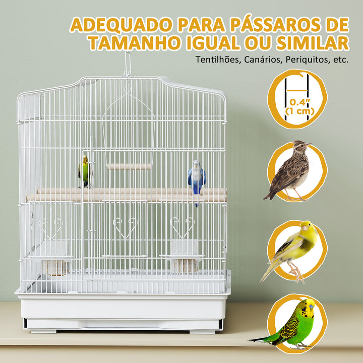 Gaiola para Pássaros Gaiola de Aço com Portas 2 Comedouros 2 Poleiros Baloiço Bandeja Removível e Pega de Transporte para Loro Canário Periquito 46,5x36x59 cm Branco