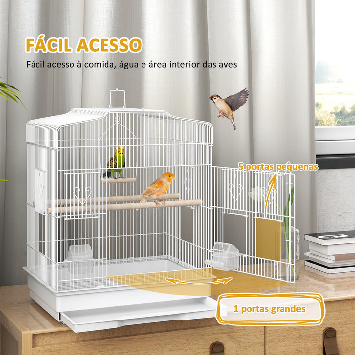 Gaiola para Pássaros Gaiola de Aço com Portas 2 Comedouros 2 Poleiros Baloiço Bandeja Removível e Pega de Transporte para Loro Canário Periquito 46,5x36x59 cm Branco