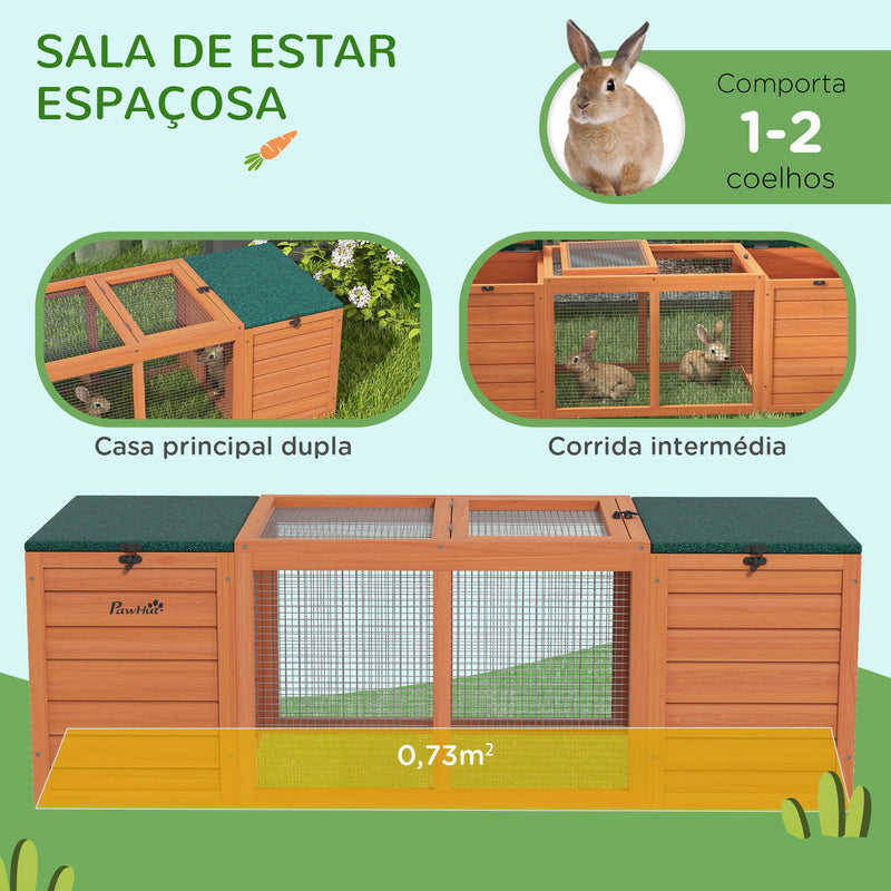 Coelheira de Madeira Gaiola para Coelhos com 2 Ninhos 1 Porta Superior Área Aberta e Telhado de Asfalto para Exterior 140x52x46 cm Madeira