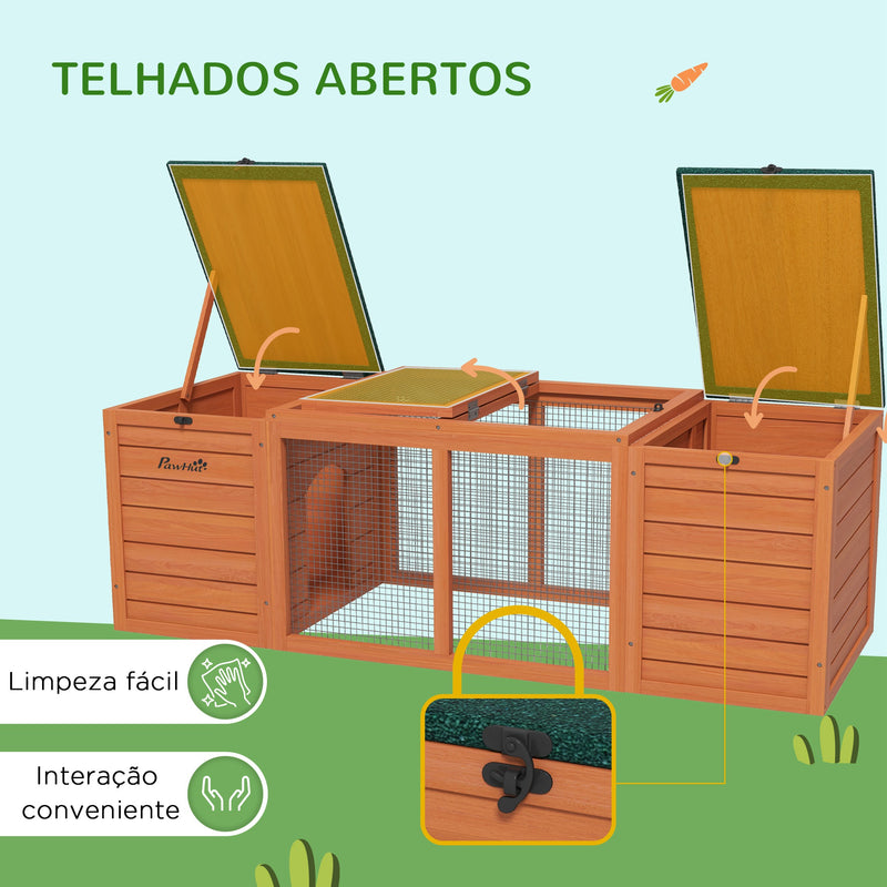 Coelheira de Madeira Gaiola para Coelhos com 2 Ninhos 1 Porta Superior Área Aberta e Telhado de Asfalto para Exterior 140x52x46 cm Madeira