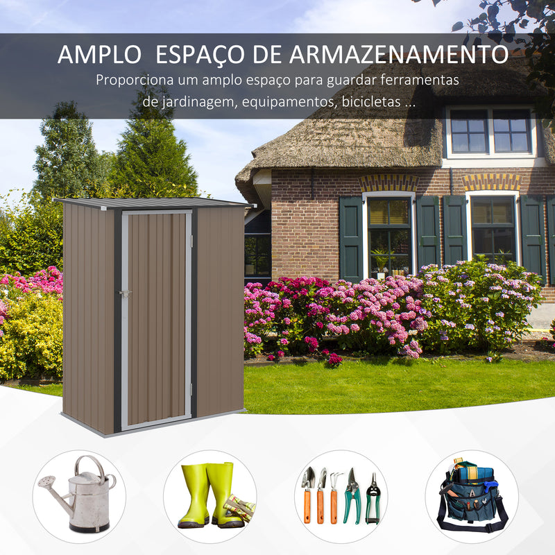 Abrigo de Jardim 1,07? 142x84x189 cm Abrigo de Armazenamento Galvanizado Abrigo de Ferramentas com Teto Inclinado e Porta para Varanda Exterior Marrom