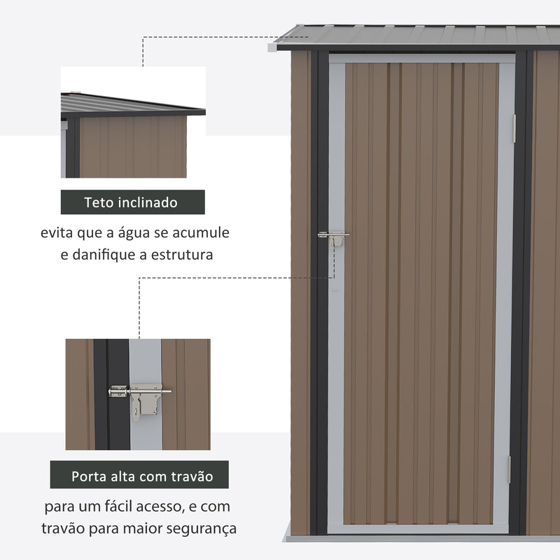 Abrigo de Jardim 1,07? 142x84x189 cm Abrigo de Armazenamento Galvanizado Abrigo de Ferramentas com Teto Inclinado e Porta para Varanda Exterior Marrom