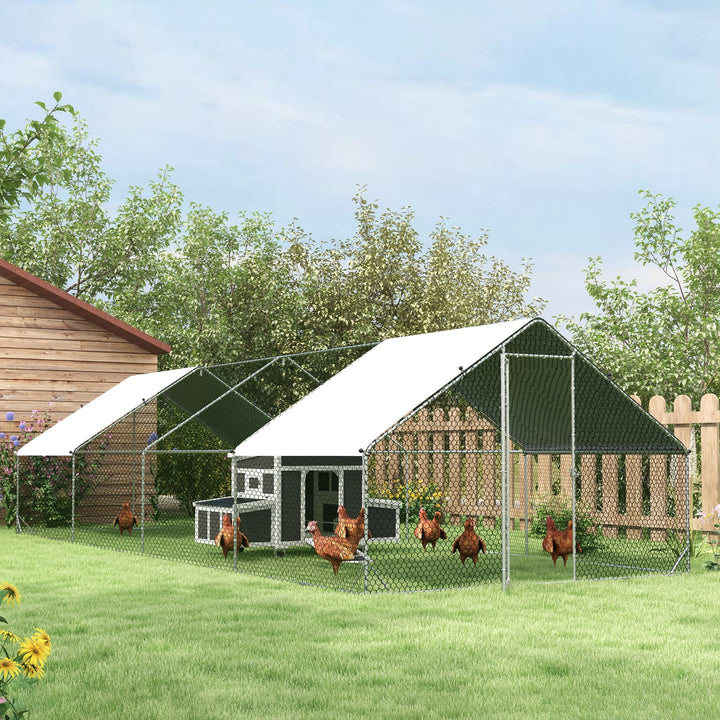 Galinheiro de Exterior Grande 3x8x2m Gaiola para 16-24 Galinhas de Aço Galvanizado com Teto de PE e Fechadura para Coelhos Prata