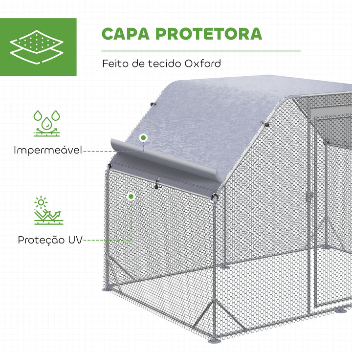 Galinheiro de Exterior, 2,8x1,9x1,95 m, Estrutura de Aço Galvanizado, Cobertura de Tecido Oxford Anti-UV e Impermeável, Capacidade para 4-6 Galinhas e Coelhos, Prata