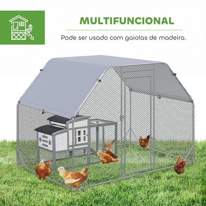 Galinheiro de Exterior, 2,8x1,9x1,95 m, Estrutura de Aço Galvanizado, Cobertura de Tecido Oxford Anti-UV e Impermeável, Capacidade para 4-6 Galinhas e Coelhos, Prata