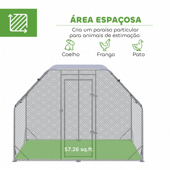 Galinheiro de Exterior, 2,8x1,9x1,95 m, Estrutura de Aço Galvanizado, Cobertura de Tecido Oxford Anti-UV e Impermeável, Capacidade para 4-6 Galinhas e Coelhos, Prata