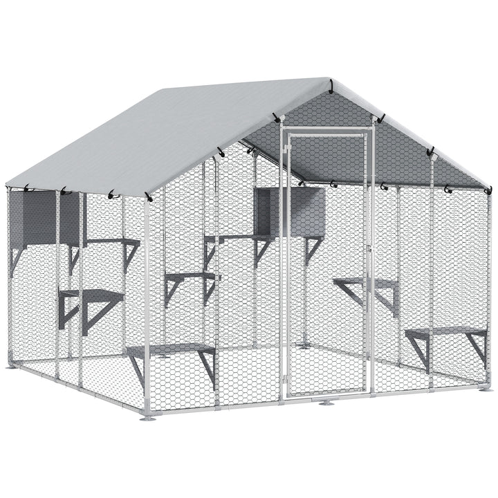 Gaiola Grande para Gatos Exterior Recinto para Gatos com 2 Casinhas 7 Plataformas para Saltar Cobertura Impermeável e Anti-UV Parque para 5 Gatos ou Coelhos 240x193x195 cm Prateado