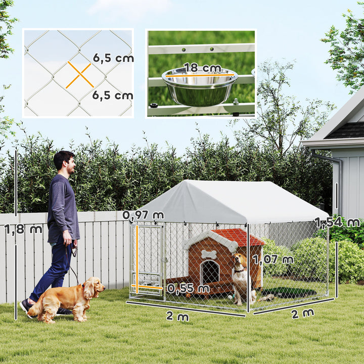 Canil Exterior com Toldo 2x2x1,54 m Gaiola para Cães em Aço Galvanizado com Teto Impermeável Suporte para Comida Giratório e Ajustável 2 Tigelas para Cães Médios e Pequenos Prata
