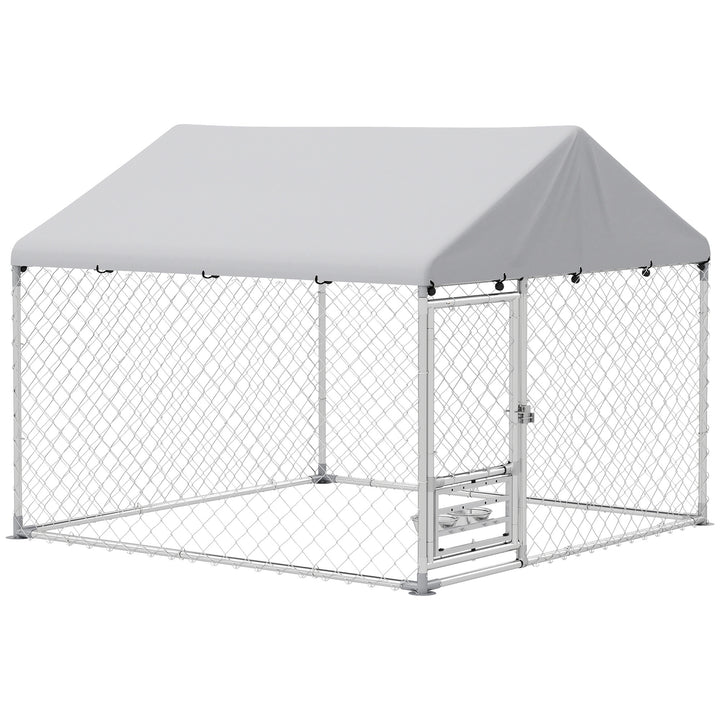 Canil Exterior com Toldo 2x2x1,54 m Gaiola para Cães em Aço Galvanizado com Teto Impermeável Suporte para Comida Giratório e Ajustável 2 Tigelas para Cães Médios e Pequenos Prata