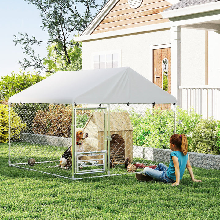 Canil Exterior com Toldo 2x2x1,54 m Gaiola para Cães em Aço Galvanizado com Teto Impermeável Suporte para Comida Giratório e Ajustável 2 Tigelas para Cães Médios e Pequenos Prata