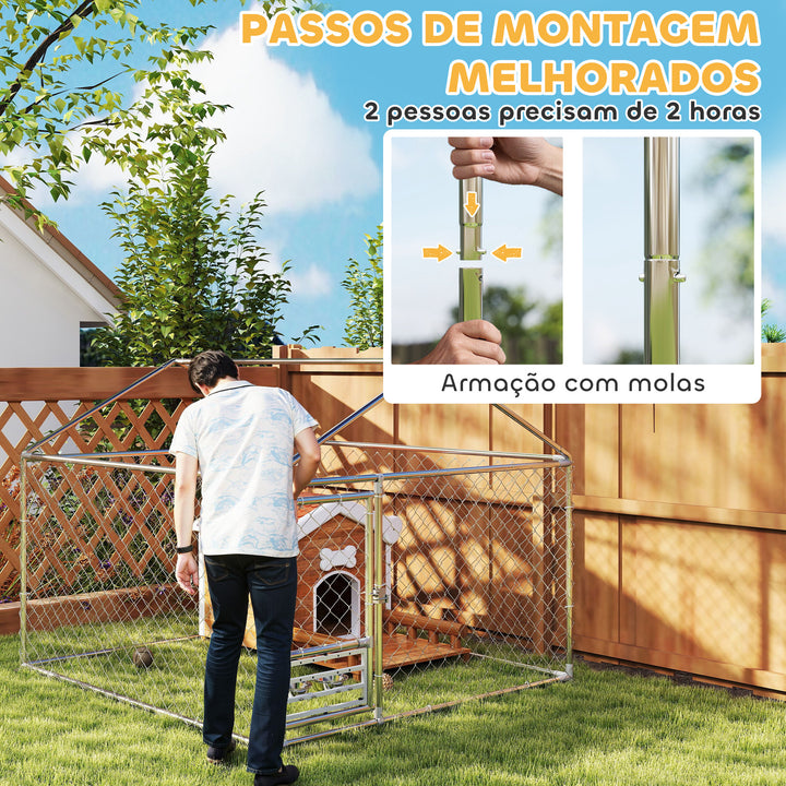 Canil Exterior com Toldo 2x2x1,54 m Gaiola para Cães em Aço Galvanizado com Teto Impermeável Suporte para Comida Giratório e Ajustável 2 Tigelas para Cães Médios e Pequenos Prata