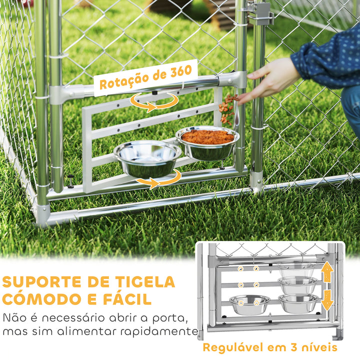 Canil Exterior com Toldo 2x2x1,54 m Gaiola para Cães em Aço Galvanizado com Teto Impermeável Suporte para Comida Giratório e Ajustável 2 Tigelas para Cães Médios e Pequenos Prata