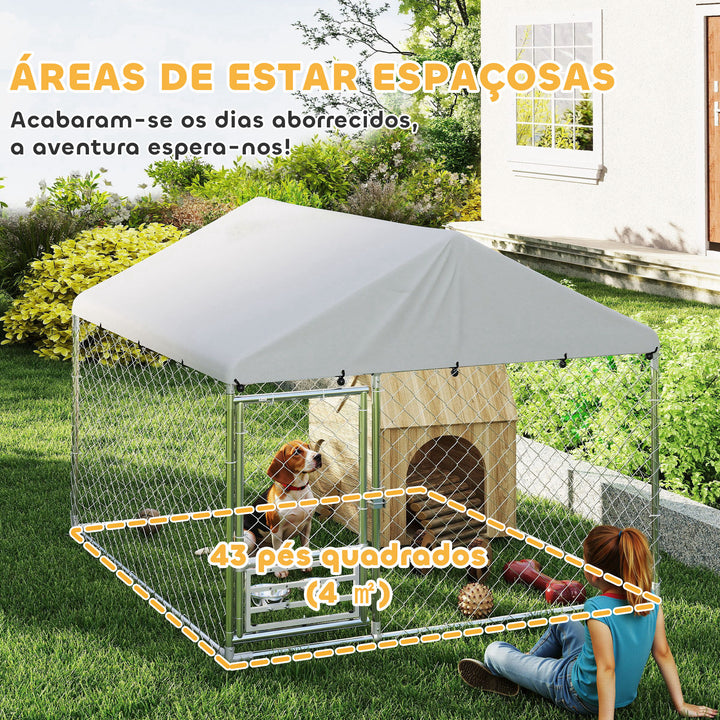 Canil Exterior com Toldo 2x2x1,54 m Gaiola para Cães em Aço Galvanizado com Teto Impermeável Suporte para Comida Giratório e Ajustável 2 Tigelas para Cães Médios e Pequenos Prata