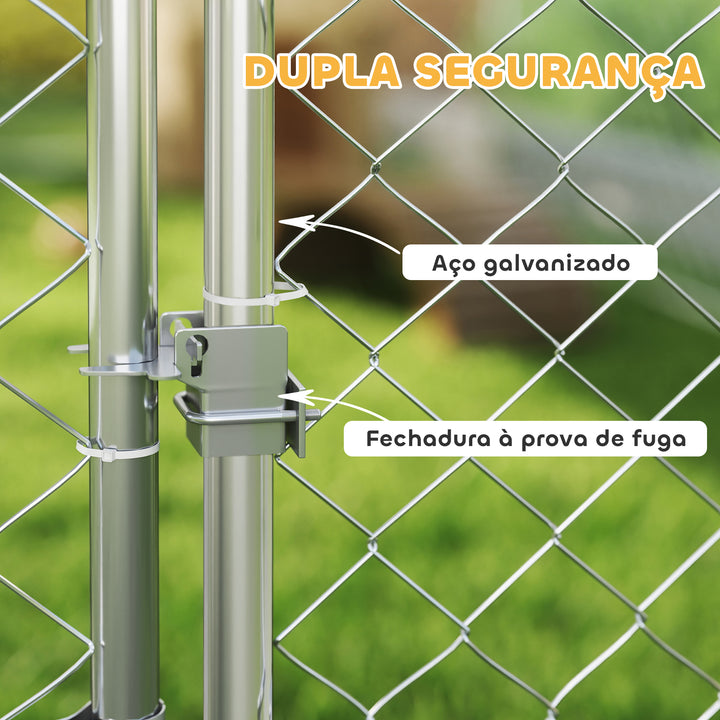 Canil Exterior com Toldo 2x2x1,54 m Gaiola para Cães em Aço Galvanizado com Teto Impermeável Suporte para Comida Giratório e Ajustável 2 Tigelas para Cães Médios e Pequenos Prata