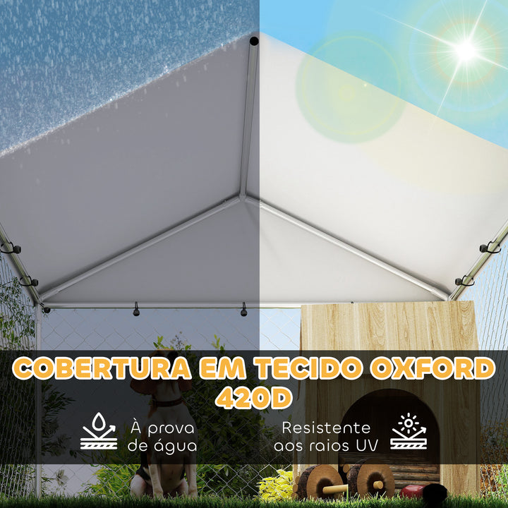 Canil Exterior com Toldo 2x2x1,54 m Gaiola para Cães em Aço Galvanizado com Teto Impermeável Suporte para Comida Giratório e Ajustável 2 Tigelas para Cães Médios e Pequenos Prata