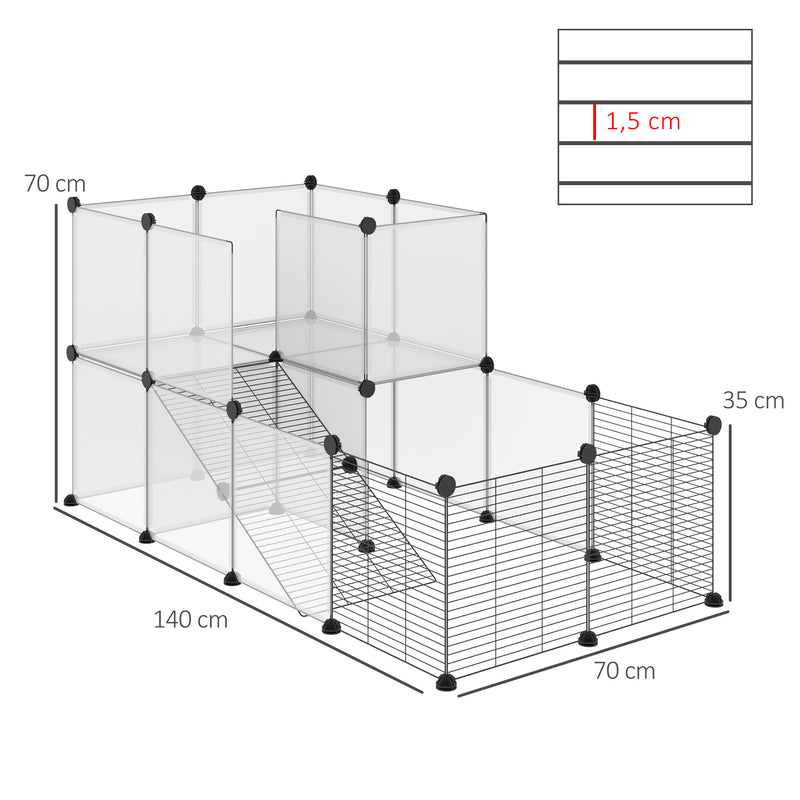 Recinto para Animais Pequenos Parque para Animais de Estimação com 27 Painéis e Forma Personalizável para Coelhos Chinchilas 140x70x70 cm Transparente e Preto