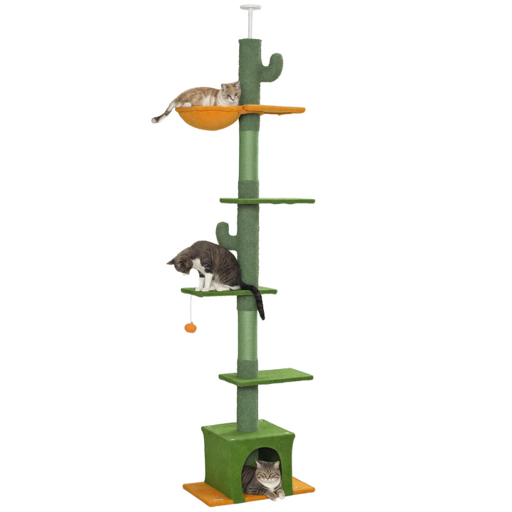Arranhador para Gatos de Chão a Teto de 230-275 cm Torre para Gatos com Altura Ajustável Plataformas Caverna Rede Postes de Sisal e Bola de Jogo Verde