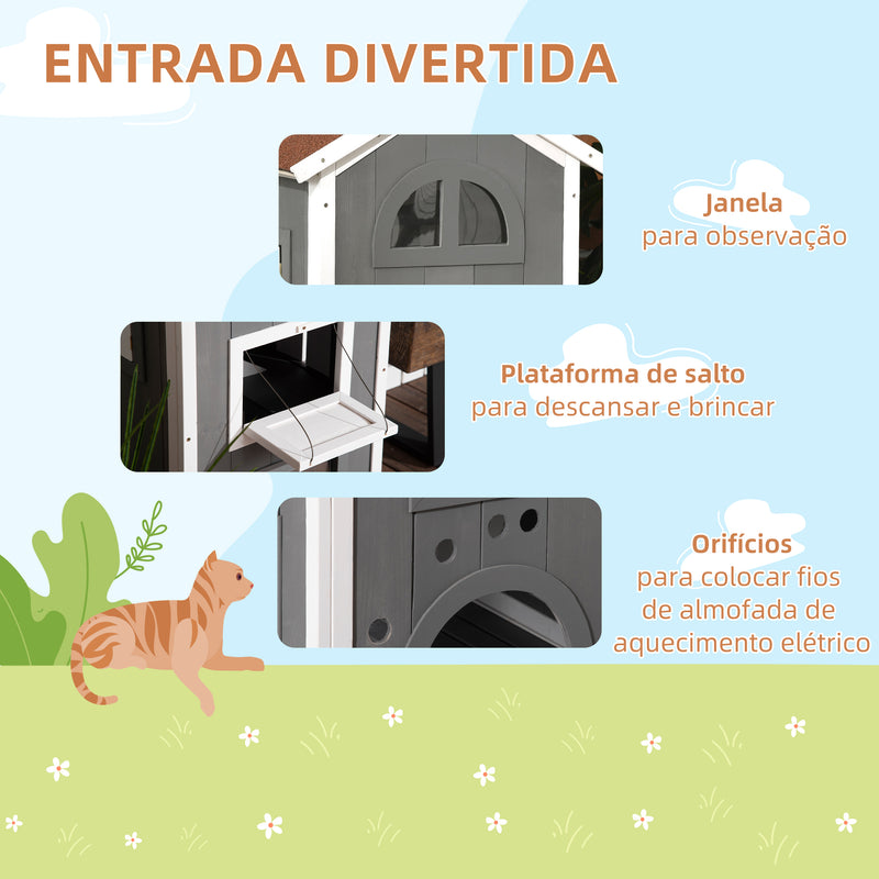 Casa para Gatos de Madeira 59x55x109 cm Abrigo para Gatos de 3 Níveis com Telhado Asfáltico Plataformas Escada e Varanda para Exterior Cinza