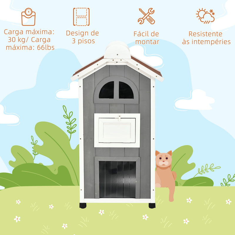 Casa para Gatos de Madeira 59x55x109 cm Abrigo para Gatos de 3 Níveis com Telhado Asfáltico Plataformas Escada e Varanda para Exterior Cinza