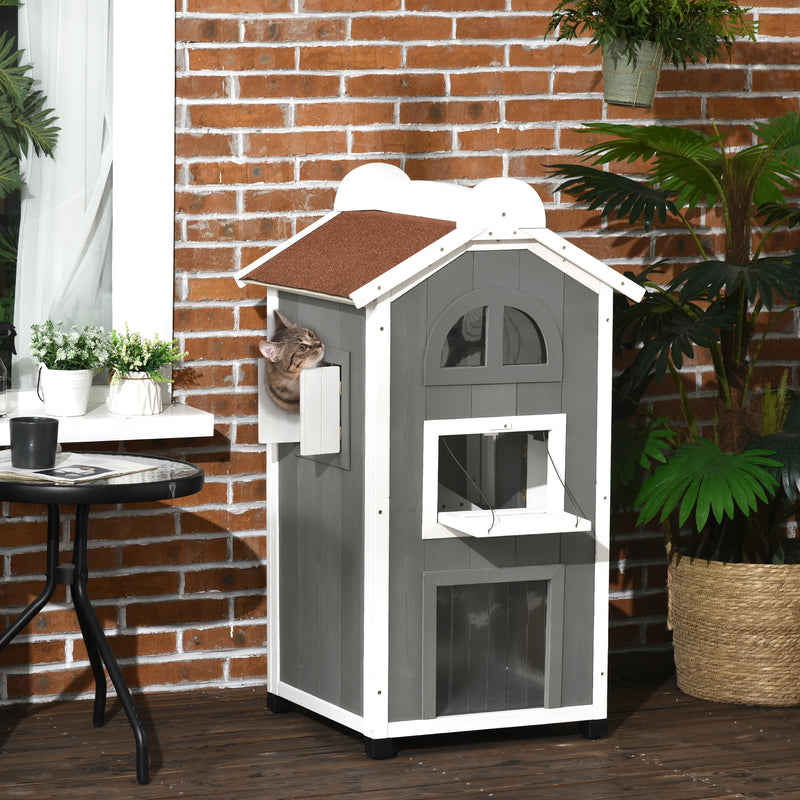 Casa para Gatos de Madeira 59x55x109 cm Abrigo para Gatos de 3 Níveis com Telhado Asfáltico Plataformas Escada e Varanda para Exterior Cinza