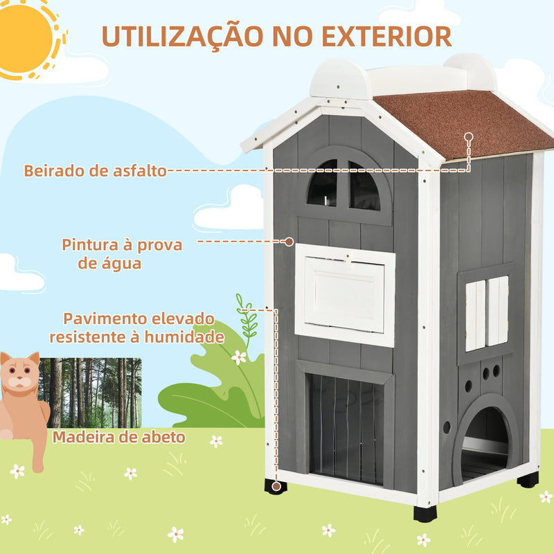 Casa para Gatos de Madeira 59x55x109 cm Abrigo para Gatos de 3 Níveis com Telhado Asfáltico Plataformas Escada e Varanda para Exterior Cinza