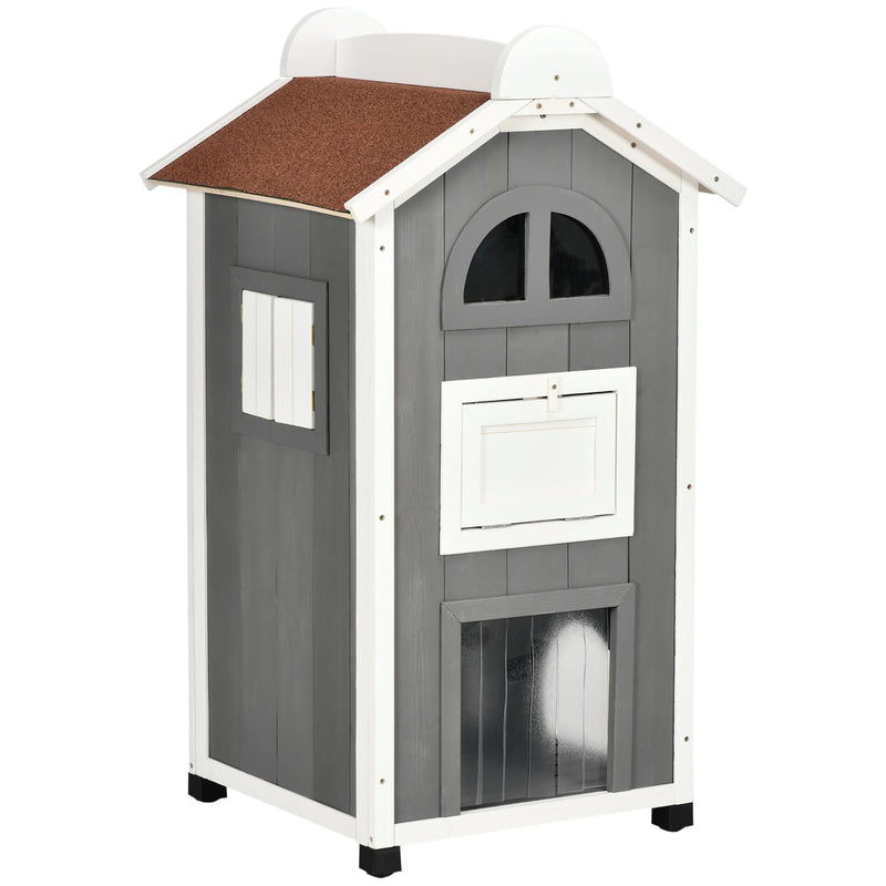 Casa para Gatos de Madeira 59x55x109 cm Abrigo para Gatos de 3 Níveis com Telhado Asfáltico Plataformas Escada e Varanda para Exterior Cinza