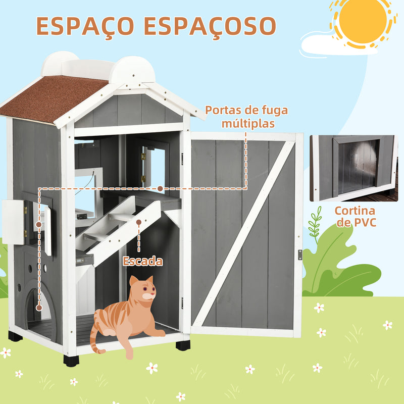 Casa para Gatos de Madeira 59x55x109 cm Abrigo para Gatos de 3 Níveis com Telhado Asfáltico Plataformas Escada e Varanda para Exterior Cinza