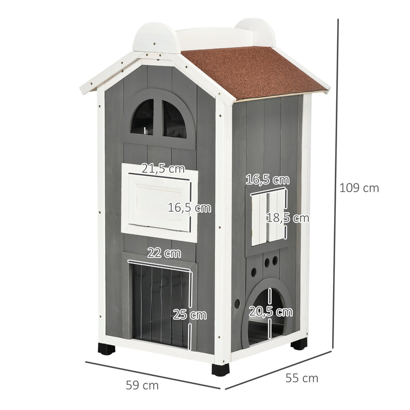 Casa para Gatos de Madeira 59x55x109 cm Abrigo para Gatos de 3 Níveis com Telhado Asfáltico Plataformas Escada e Varanda para Exterior Cinza