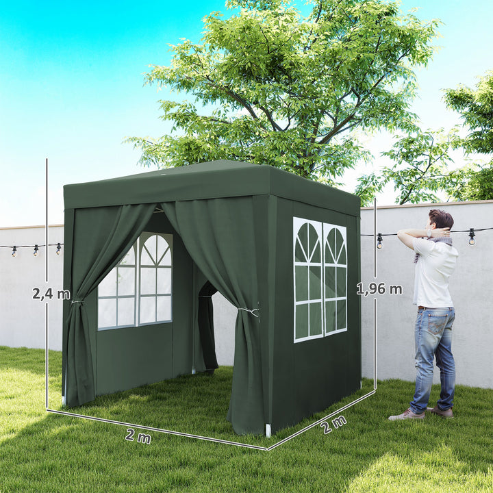 Tenda Dobrável 2x2 m Tenda de Jardim com 4 Paredes Laterais Tecido Oxford 2 Portas 2 Janelas e Bolsa de Transporte para Exterior Terraço Campismo Festas Verde
